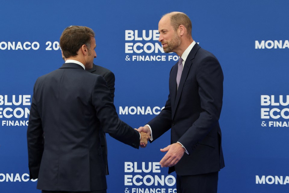 President Macron and Prince William shaking hands at the Blue Economy and Finance Forum.