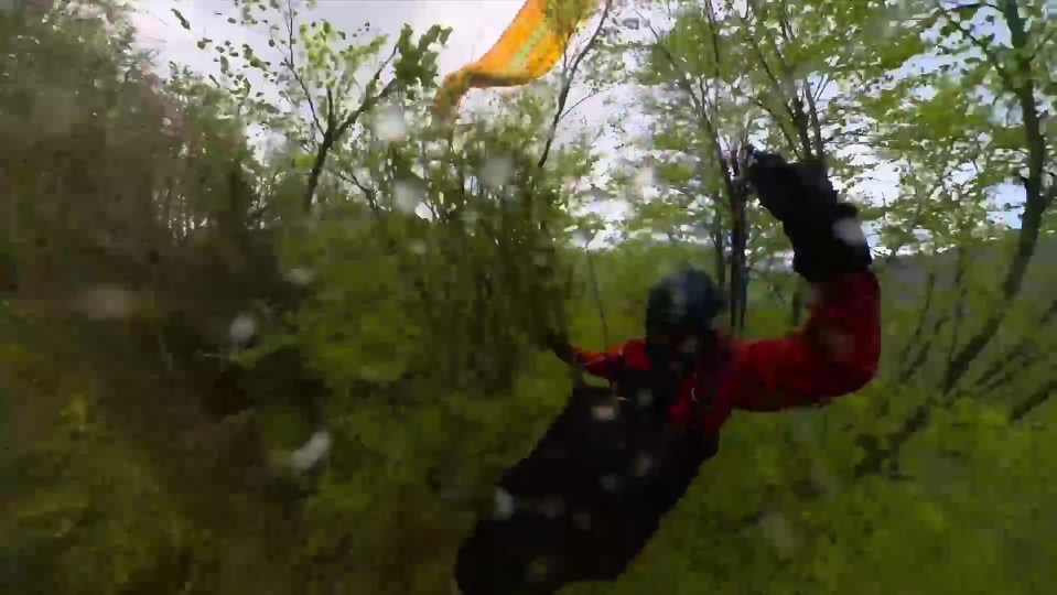 A paraglider falling through trees after his wing collapsed.