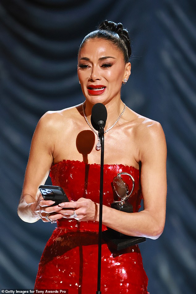 A sobbing Nicole Scherzinger, 46, accepted her first ever Broadway honor at the star-studded 78th Annual Tony Awards