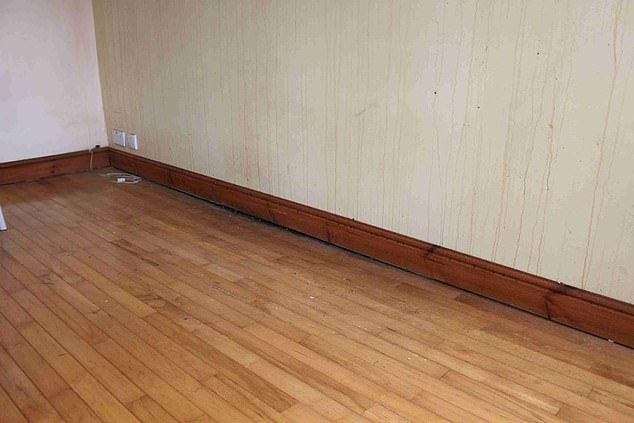 Pictured: The water damage to the walls and floors of Ms Grant's conservatory