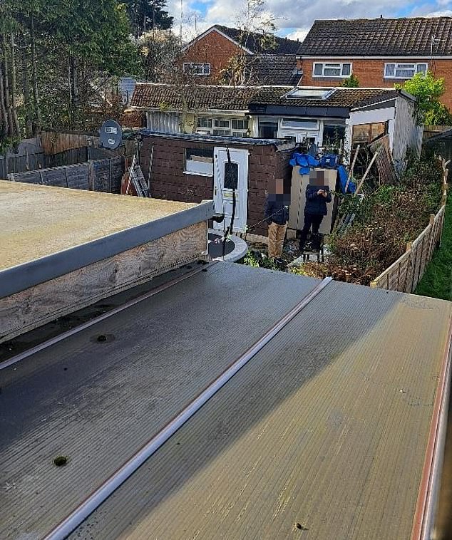 Pictured: The new extension wall and the rest of the plastic conservatory roof, which was cut to make way for the build