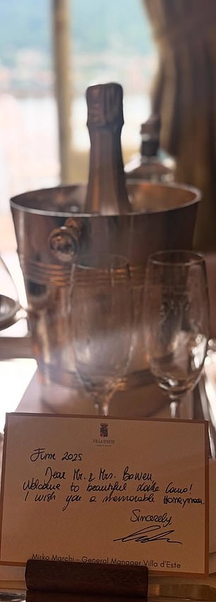Dani also revealed the sweet message and bottle of champagne hotel staff had left her and Jarrod as they checked into their lakeside view suite