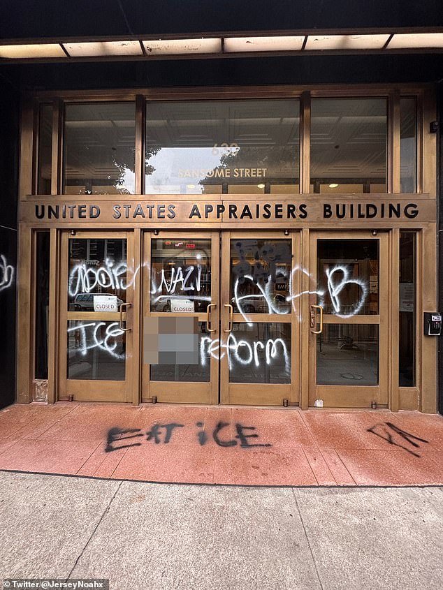 The ICE office was targeted by vandals in San Francisco on Sunday as the violence spread