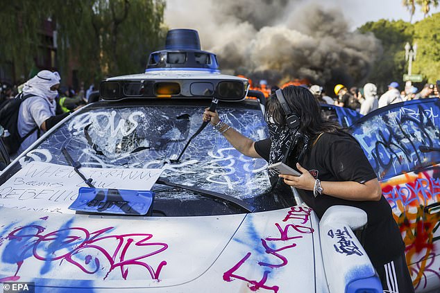 At least five Waymo cars were vandalized during the riots