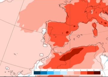 Map of Europe showing temperature anomalies, with Spain experiencing high temperatures.