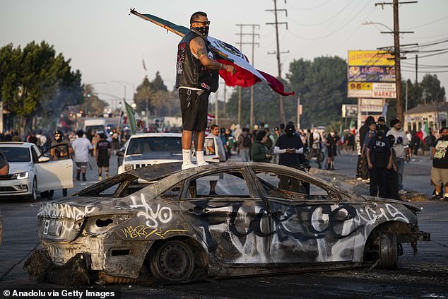 Protesters in LA (pictured) are marching against President Donald Trump's crackdown on illegal migrants