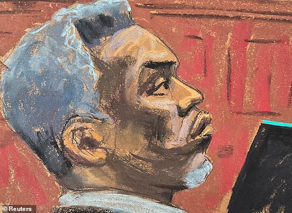 Sean "Diddy" Combs listens as "Jane" continues her testimony during Combs' sex trafficking trial in New York City, New York, U.S., June 6, 2025 in this courtroom sketch. REUTERS/Jane Rosenberg