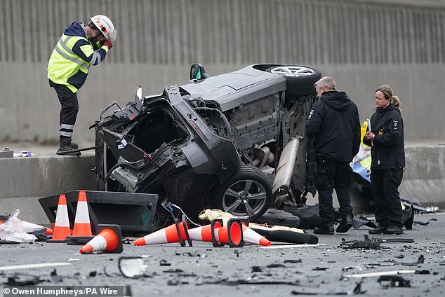The scene described as 'carnage' by witnesses who saw the Volvo collide with the police cars