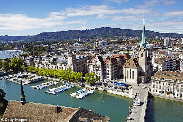 The flight departed from Zurich, Switzerland (pictured) and returned back there 32-hours after departing