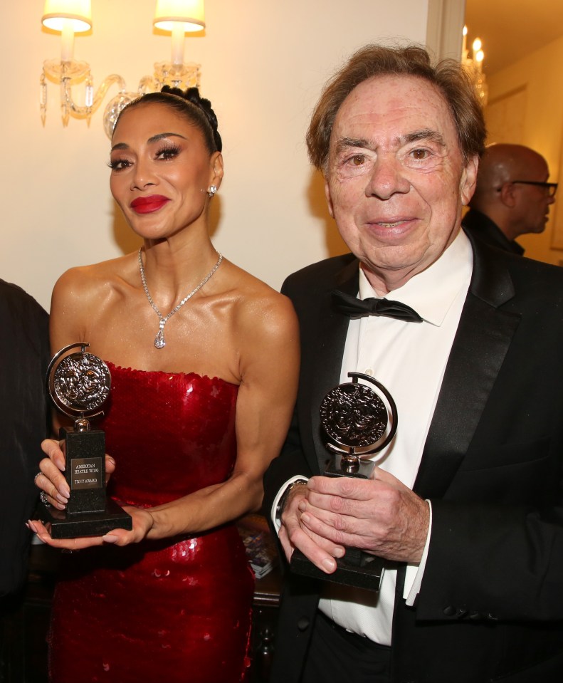 Nicole Scherzinger, Andrew Lloyd Webber, and Jamie Lloyd holding Tony Awards.