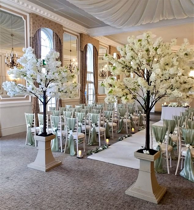 A ban on alcohol was imposed at the meal and, apart from guests raising a single glass of bubbly or beer to the couple after they had tied the knot, it was strictly bottled water only on each table (Pictured: the inside of Ringwood Hall Hotel)