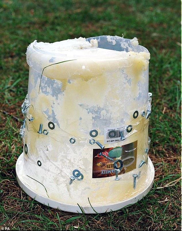 The discarded device left at Little Wormwood Scrubs, made from screws, washers, nuts and bolts taped around the outside of a plastic container