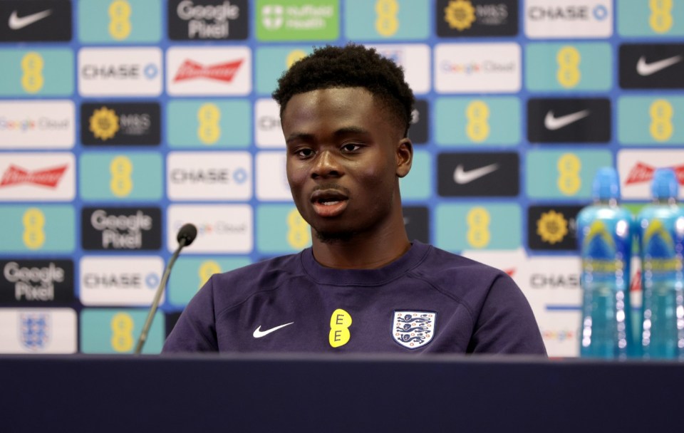 BURTON-UPON-TRENT, ENGLAND - JUNE 09: Bukayo Saka of England speaks to the media during a press conference at St Georges Park on June 09, 2025 in Burton-upon-Trent, England. (Photo by Eddie Keogh - The FA/The FA via Getty Images)