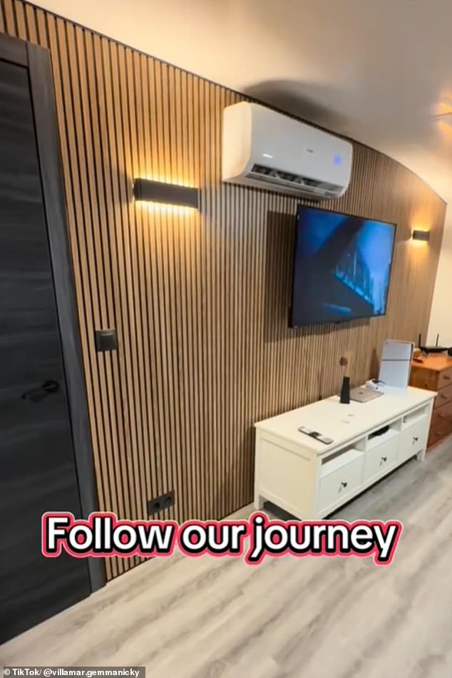 The couple have added modern finishes to their home on wheels, including stylish wooden panelling in their living room