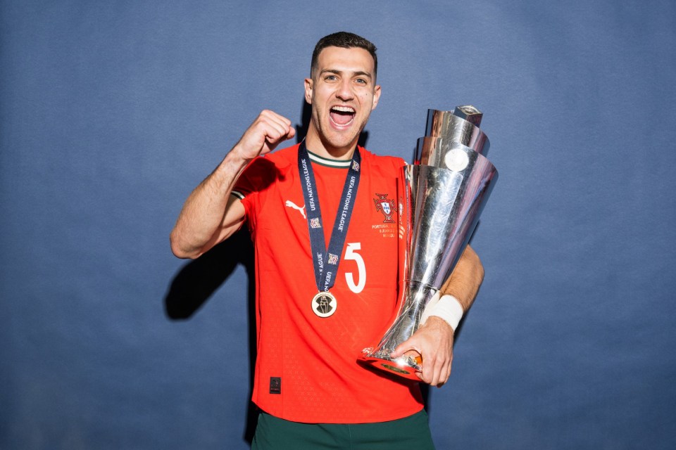 MUNICH, GERMANY - JUNE 08: Diogo Dalot of Portugal poses for a photo with the UEFA Nations League trophy during the official UEFA Nations League 2025 Winners' shoot after the UEFA Nations League Final between Spain and Portugal at Munich Football Arena on June 08, 2025 in Munich, Germany. (Photo by Sebastian Widmann - UEFA/UEFA via Getty Images)