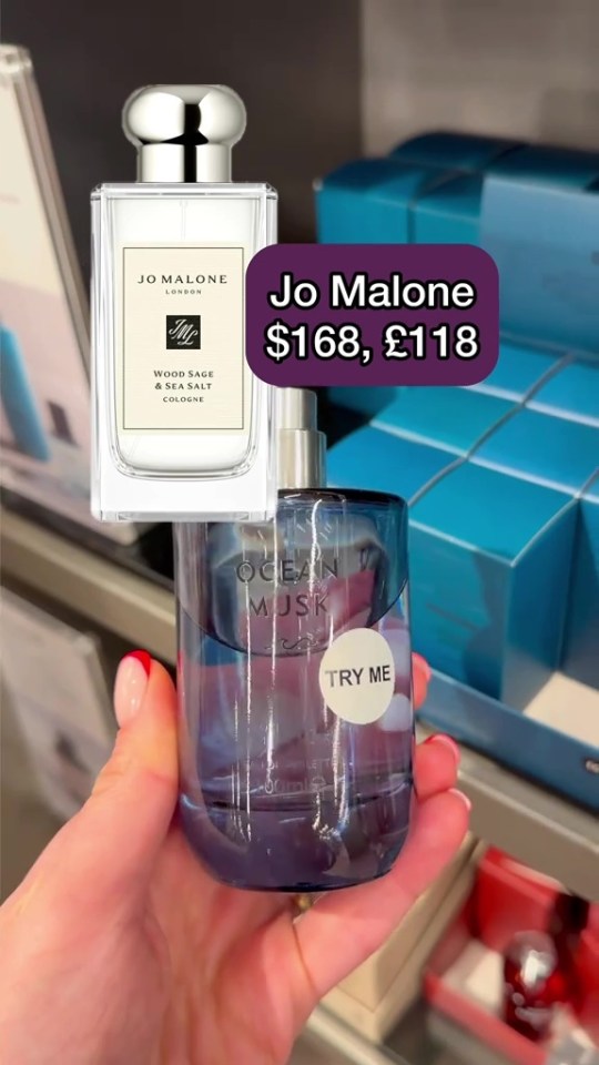 Comparison of Jo Malone perfume and a dupe, showing price difference.