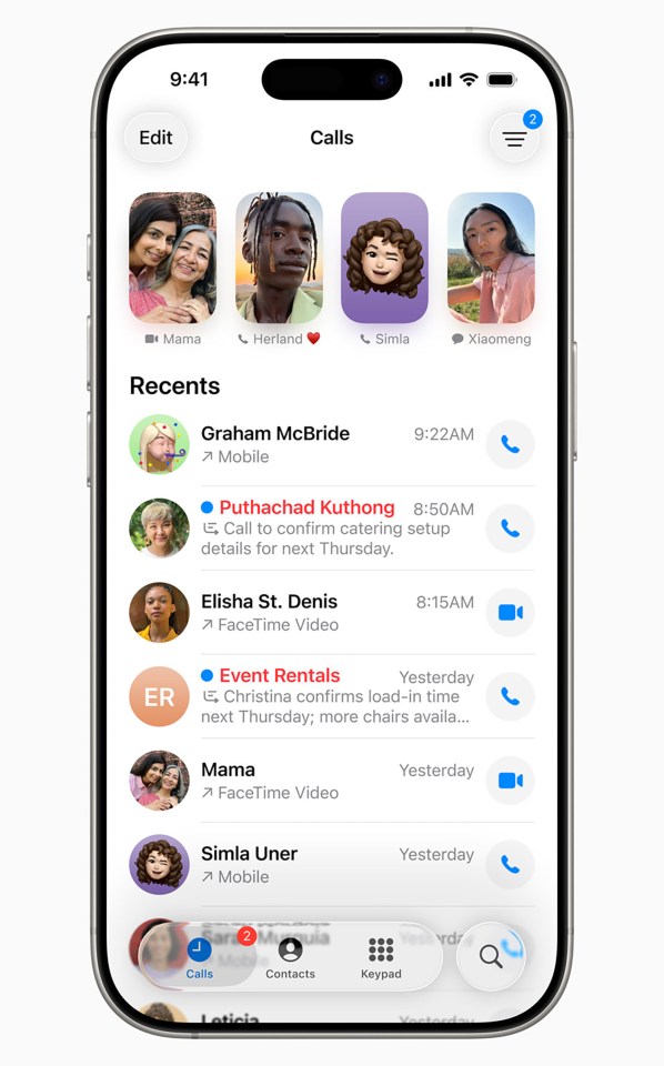 iPhone screen showing recent calls and FaceTime video calls.