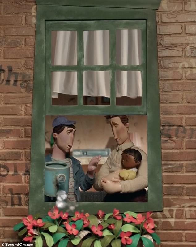 Pictured: A scene from the animated short film, 18 Months, which is based on the story of Kevin being found by Stewart and subsequently becoming part of the family with Mercurio