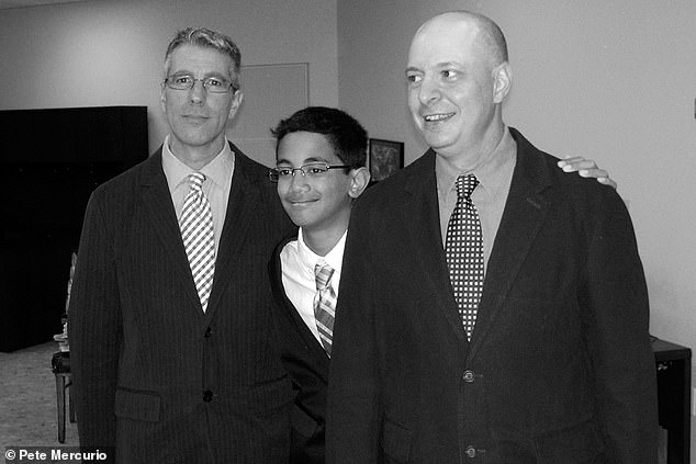 Pictured: Stewart, left, with Kevin and Mercurio at their 2012 wedding, a year after same-sex marriage was allowed in New York State