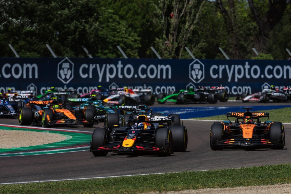 Max Verstappen leading a Formula One race.