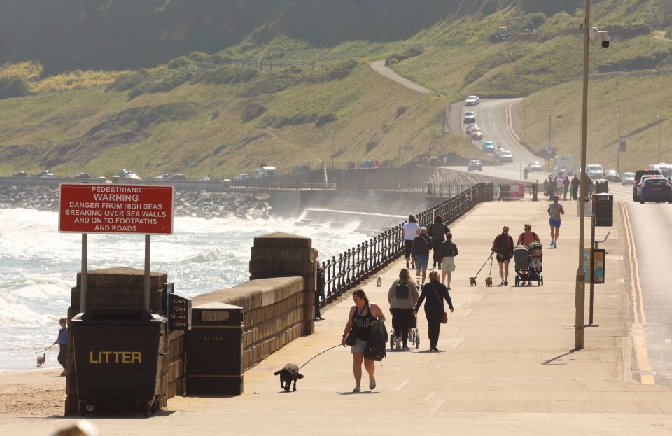 People walking along a sea wall with dogs, high waves crashing against the wall, and a warning sign about high seas.