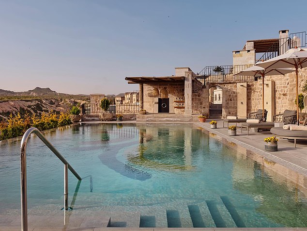 The pool at Argos Hotel in Cappadocia. Pigeon Valley is also etched with walking trails, as are the neighboring Love, Red and Rose Valleys
