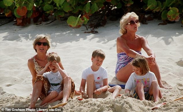 Diana with a young Prince William and Prince Harry with Frances on holiday on Necker Island. Despite her own troubled mother-daughter relationship, by all accounts Frances had a good relationship with her royal grandchildren