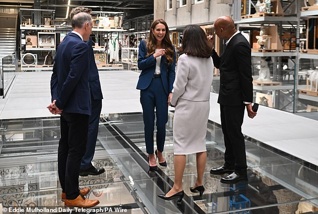 The Princess of Wales with (left to right) the director of the V&A Tristram Hunt, the deputy director of the V&A, Tim Reeve, chair of the V&A Baroness Shafik and the director of the V&A East, Gus Casely-Hayford, at the V&A East Storehouse, a brand-new cultural destination in east London