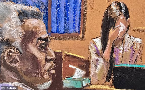 Sean "Diddy" Combs watches as a witness testifies under the pseudonym Jane to protect her privacy, during Combs' sex trafficking trial in New York City, New York, U.S., June 9, 2025 in this courtroom sketch. REUTERS/Jane Rosenberg