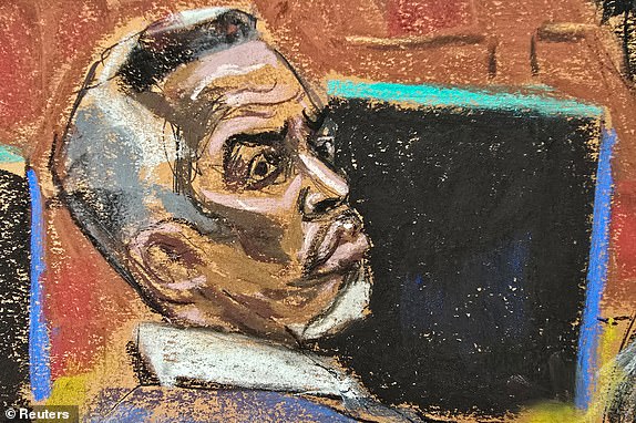 Sean "Diddy" Combs watches during cross examination of Cassie Ventura's friend Bryana Bongolan during Combs' sex trafficking trial in New York City, New York, U.S., June 4, 2025 in this courtroom sketch. REUTERS/Jane Rosenberg