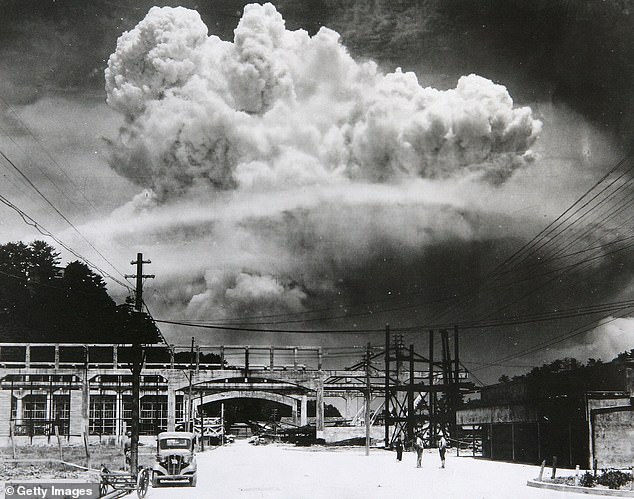 The radioactive plume from the bomb dropped on Nagasaki City, as seen from 9.6 km away, in Koyagi-jima, Japan, August 9, 1945. The US B-29 superfortress Bockscar dropped the atomic bomb nicknamed 'Fat Man,' which detonated over the northern part of Nagasaki City just after 11am local time