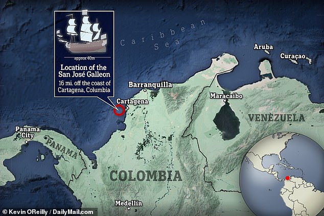 The wreck lies in around 2,000 feet of water about 16 miles off the coast of Cartegena
