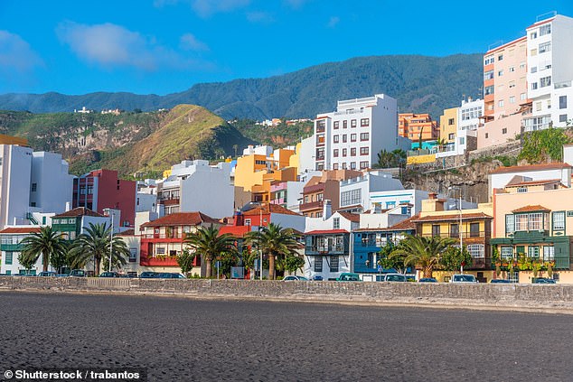 Spain's national grid has confirmed that power had been fully restored to the Canary Islands hotspot within three hours, after the blackout affected some 82,000 people. Pictured: Houses behind the central beach at Santa Cruz de la Palma, Canary islands, Spain