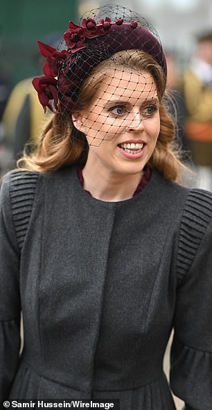 Princess Beatrice wore a veiled headband by Rachel to the Memorial Service For The Duke Of Edinburgh at Westminster Abbey in 2022
