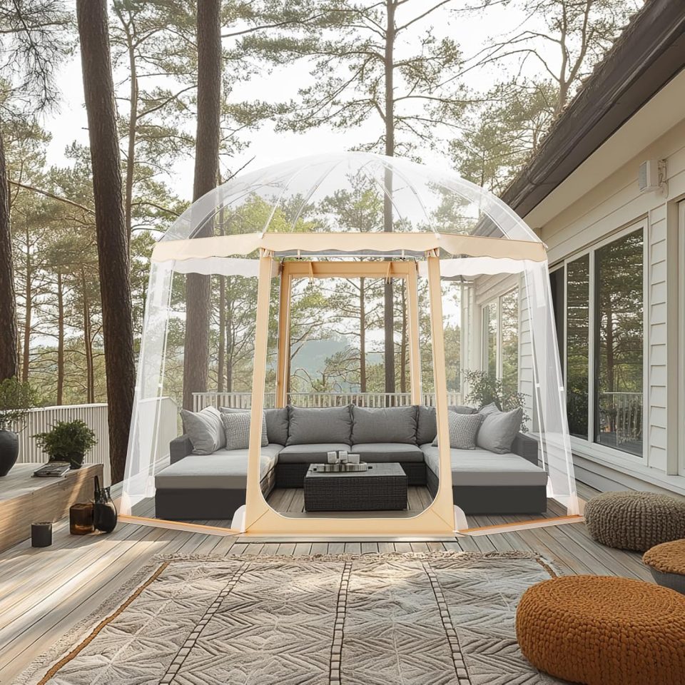 Outdoor gazebo with seating area.