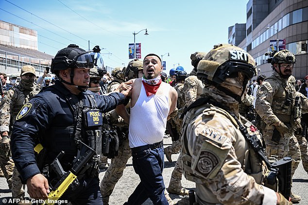 Law enforcement officers, including members of the Immigration and Customs Enforcement (ICE) Special Response Team and Homeland Security agents, arrest a demonstrator