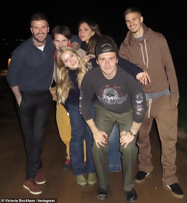 A source said: 'Brooklyn told his family he wants no contact and he's not responding to those that try to connect' (pictured with his parents and siblings Romeo, Cruz, and Harper)