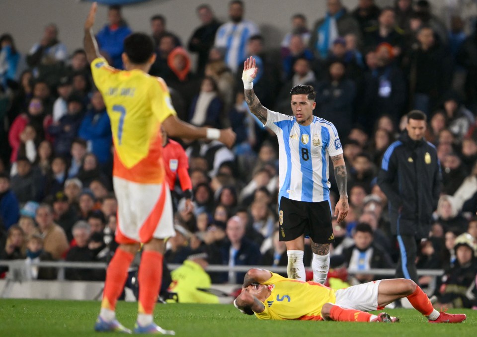 Enzo Fernandez of Argentina reacting after fouling Kevin Castano of Colombia during a World Cup qualifier.