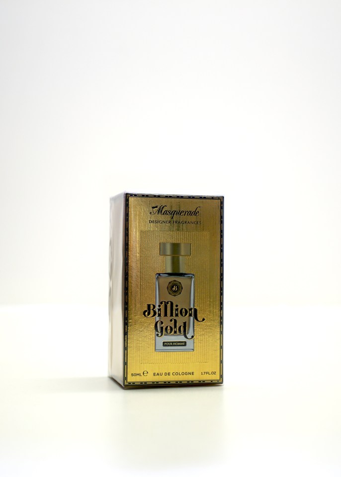 Billion Gold men's cologne in gold packaging.