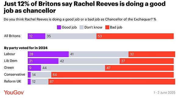 A survey has found just 12 per cent of Brits believe Ms Reeves is doing a good job