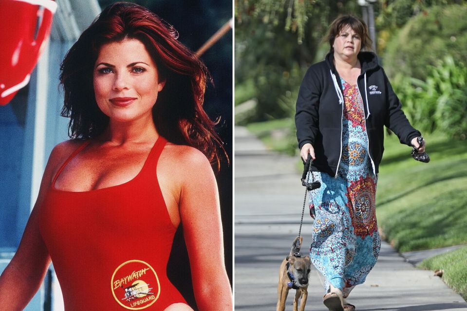 Collage of a young woman in a Baywatch lifeguard swimsuit and the same woman years later walking a dog.
