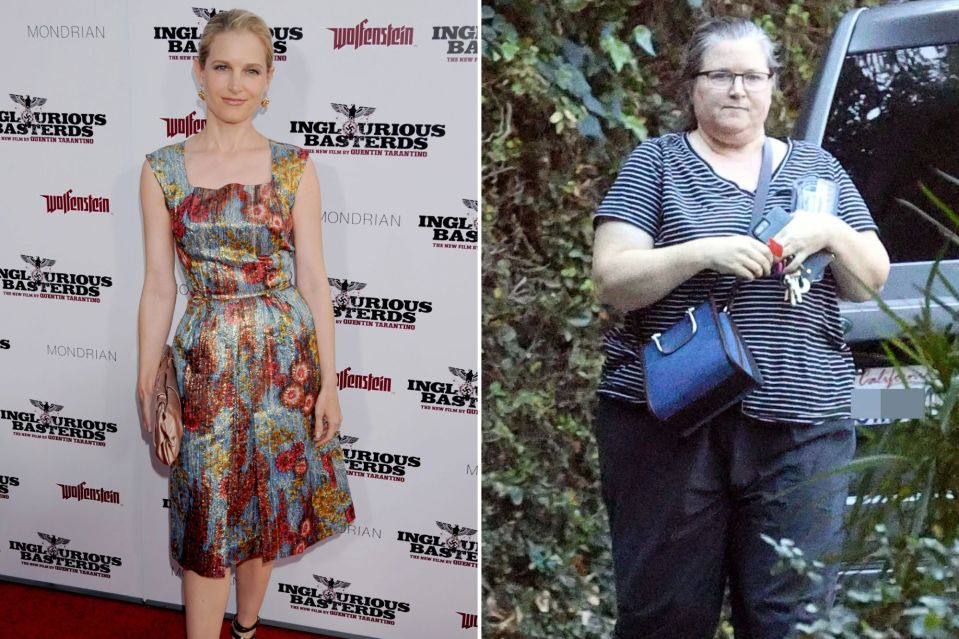 Collage of two photos; one of an actress at a premiere, the other of a woman walking outside.
