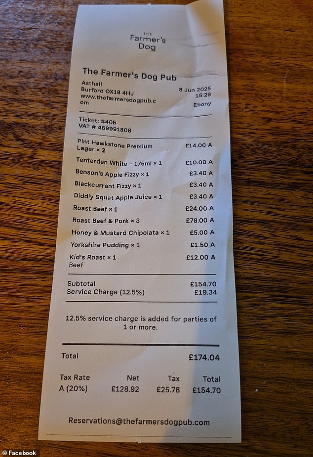 A string of Jeremy Clarkson fans have risked igniting the wrath of their hero after they took to Facebook to pick apart another customer's receipt from his pub (pictured)