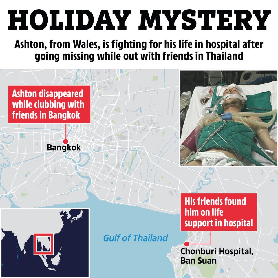 Map of Bangkok and Chonburi Hospital, Thailand, showing Ashton's journey and current location.