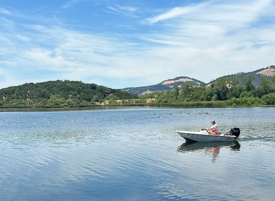 Person boating on a calm lake with mountains in the background.