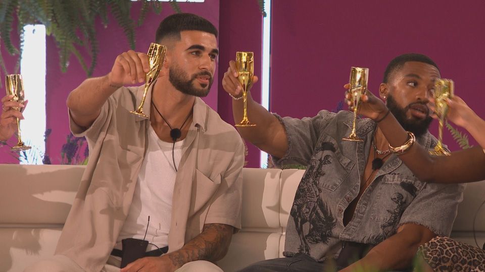 Two men toasting with champagne flutes on a reality TV show.