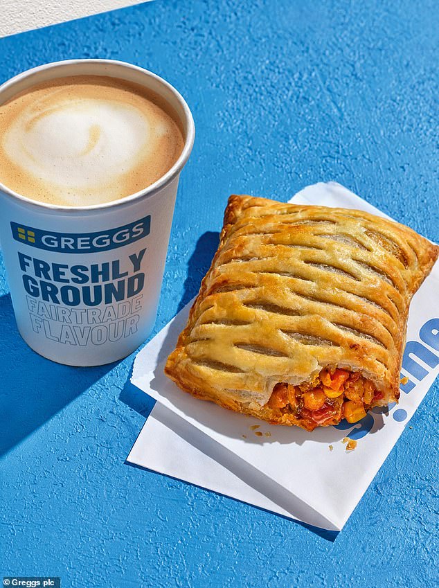 Local Cornish pasty-making businesses had feared that the chain's low prices will undercut the local pastry economy. Pictured: A Greggs coffee and spicy vegetarian pasty
