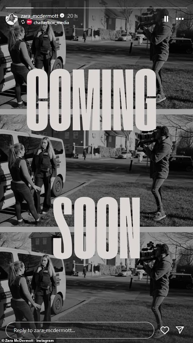On Tuesday, she took to her Instagram Stories to share a black-and-white snap showing her wearing a protective vest while chatting to a female police officer, under the words: 'COMING SOON'