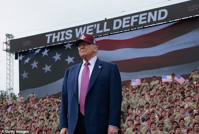 Trump takes the stage during a rally with US Army troops on June 10, 2025 at Fort Bragg, North Carolina