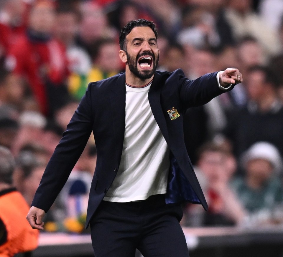Ruben Amorim of Manchester United reacting during a UEFA Europa League Final match.